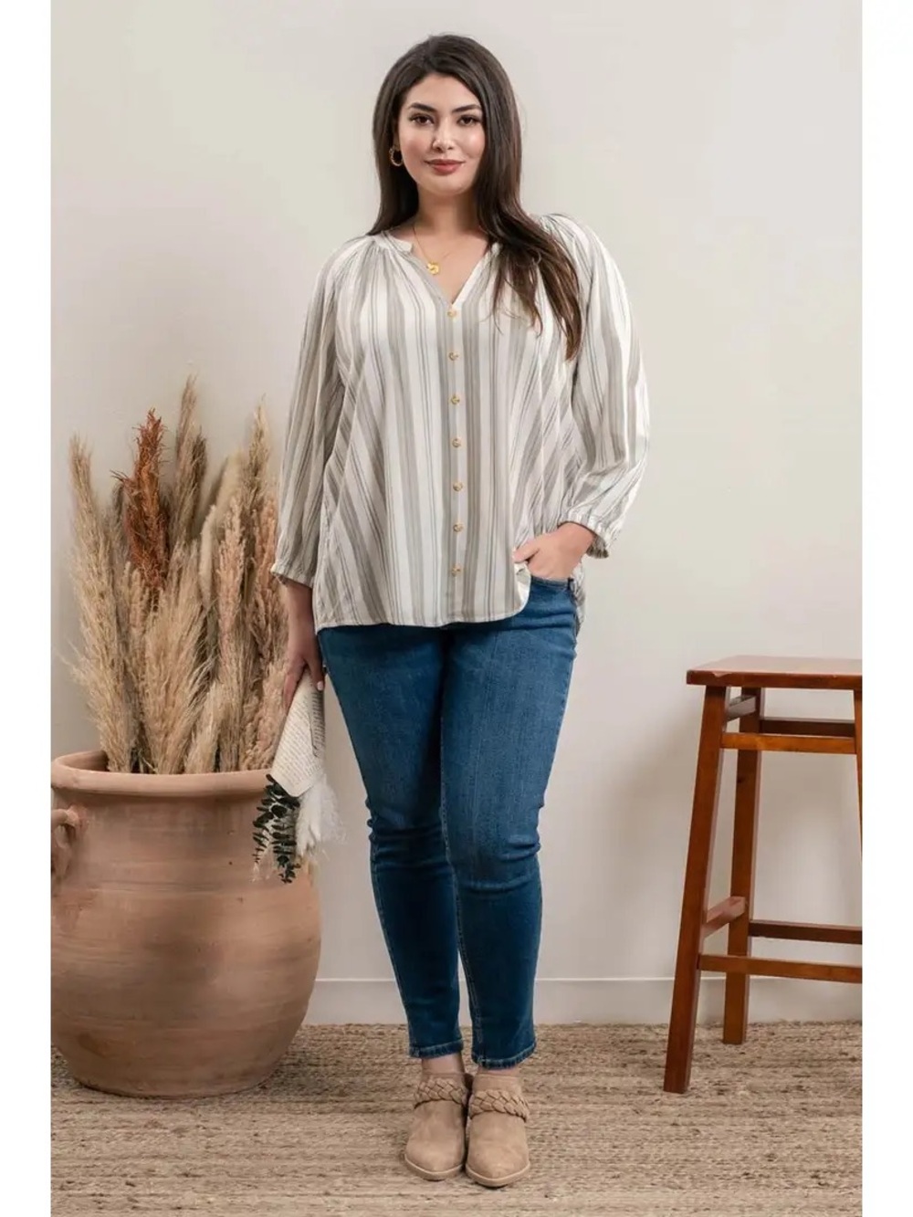 Plus Size Striped Button-Front Blouse in Cream and light green